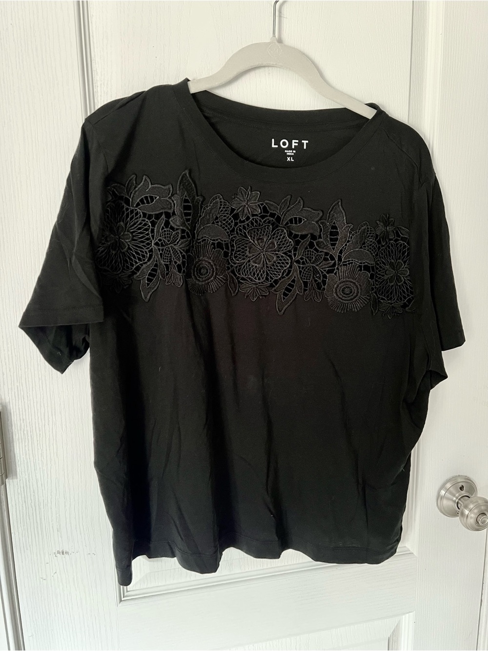 LOFT Black Short Sleeve Cotton Tee with Floral Embroidery